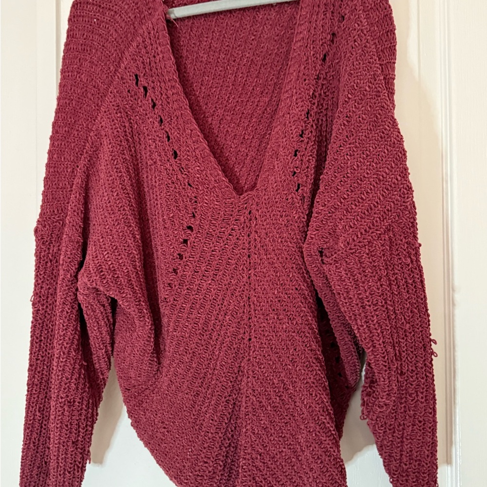 Cozy Knit V-Neck Sweater - Red